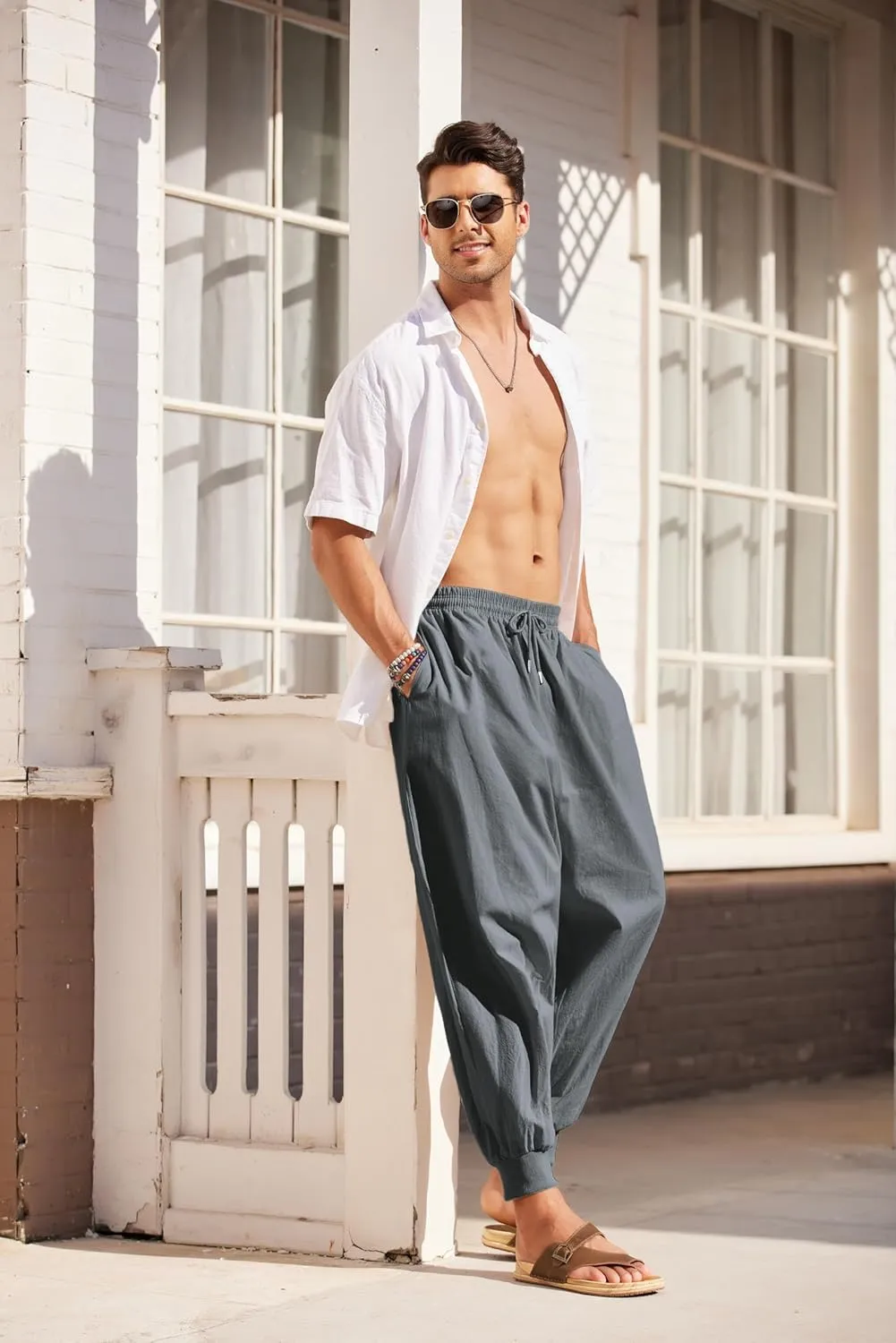 COOFANDY Men Hippie Harem Pants Baggy Linen Cotton Boho Yoga Pants Summer Beach Pants Casual Drop Crotch Trouser