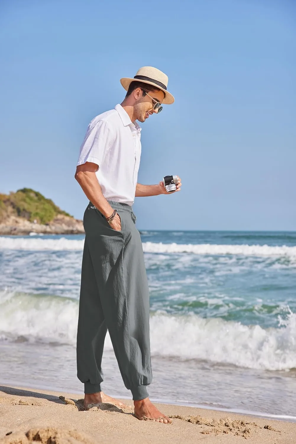 COOFANDY Men Hippie Harem Pants Baggy Linen Cotton Boho Yoga Pants Summer Beach Pants Casual Drop Crotch Trouser