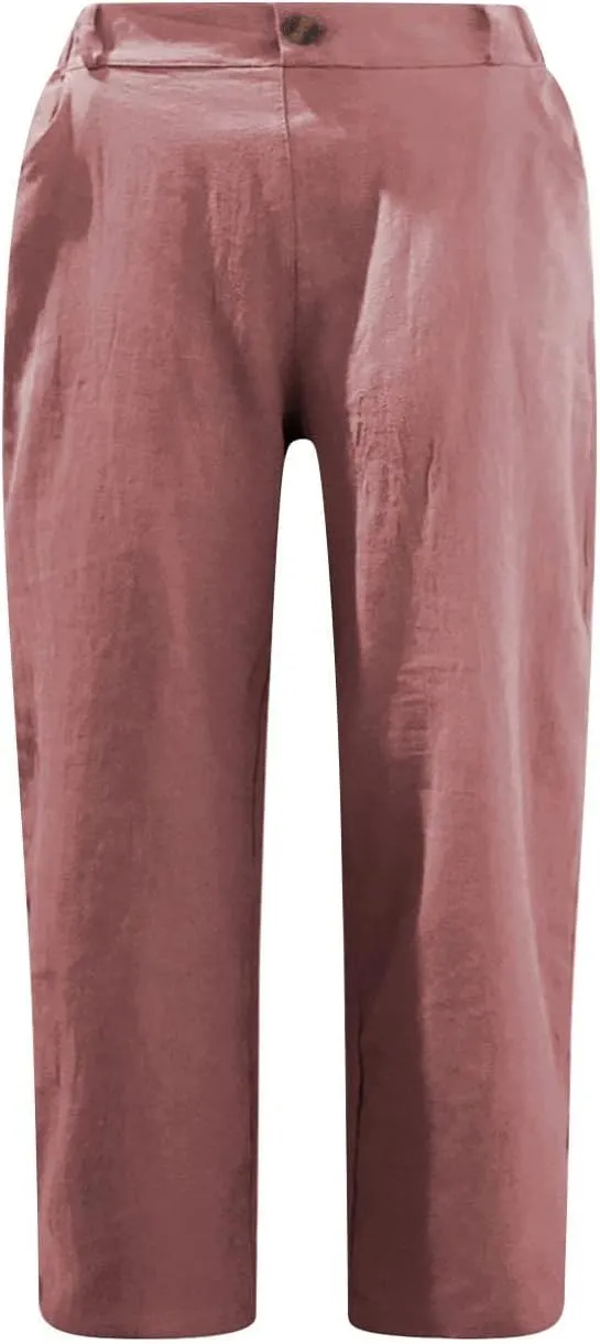 Cotton Linen Capri Pants for Women Casual 2024 Summer Straight Leg Pant Loose Cropped Trousers with Pockets