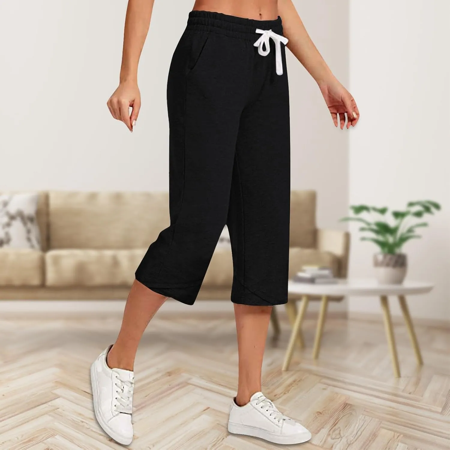 Cotton Linen Capri Pants for Women Casual Elastic Waist Drawstring Wide Leg 3/4 Short Lightweight Summer Beach Capris