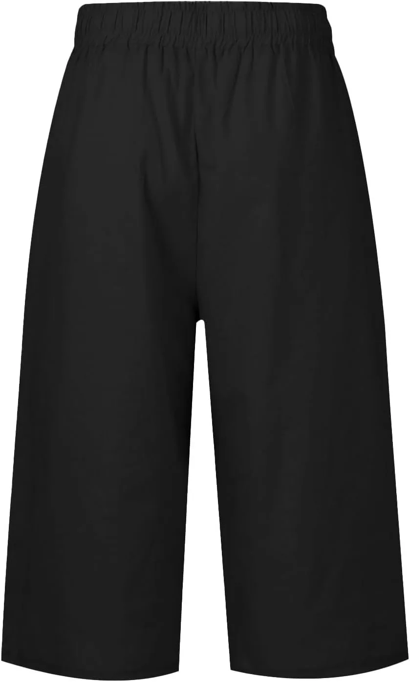 Cotton Linen Capri Pants for Women Casual Elastic Waist Drawstring Wide Leg 3/4 Short Lightweight Summer Beach Capris