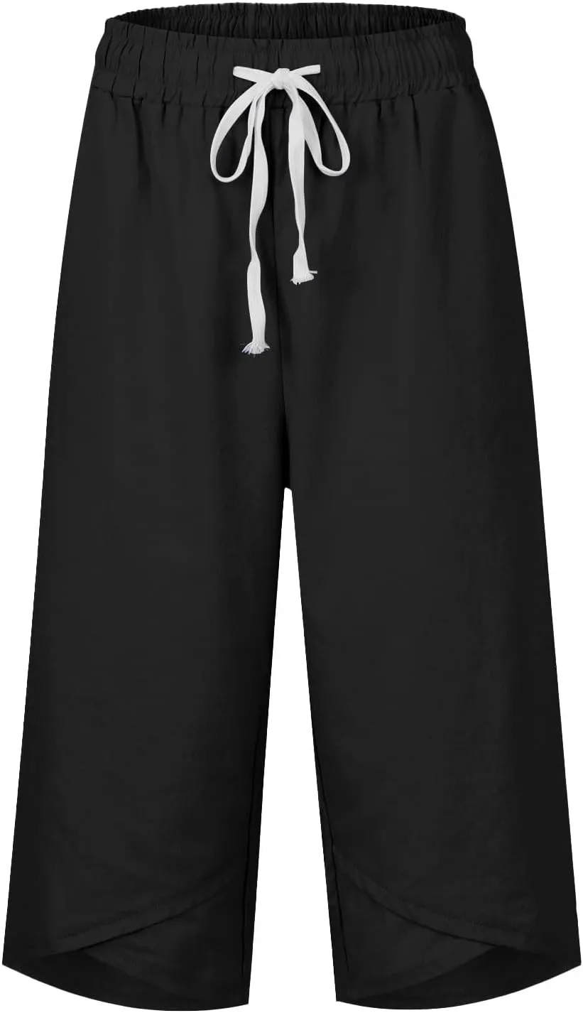 Cotton Linen Capri Pants for Women Casual Elastic Waist Drawstring Wide Leg 3/4 Short Lightweight Summer Beach Capris