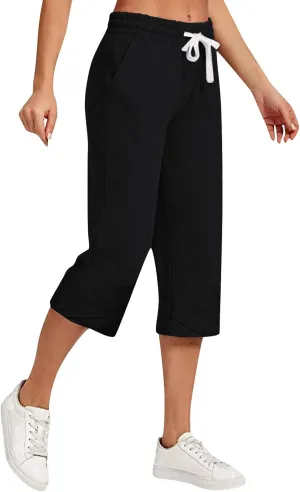 Cotton Linen Capri Pants for Women Casual Elastic Waist Drawstring Wide Leg 3/4 Short Lightweight Summer Beach Capris