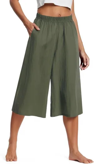Cotton Linen Capri Pants for Women Casual Summer Capris Elastic High Waist Pants Wide Leg Cropped Trousers