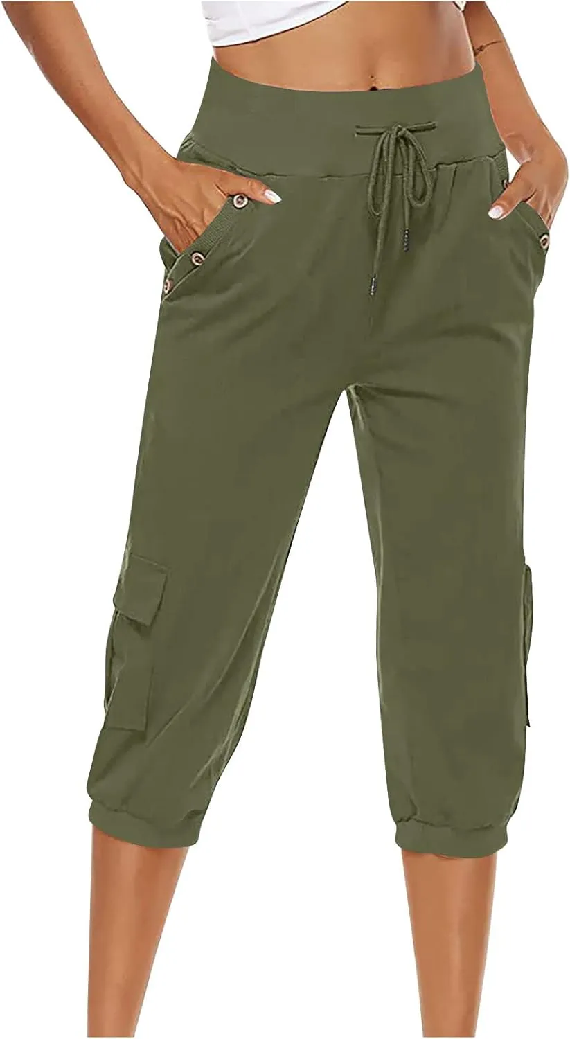 Cotton Linen Capri Pants for Women Drawstring High Waisted Loose Fit Summer Capris Casual Cropped Trouser with Pocket