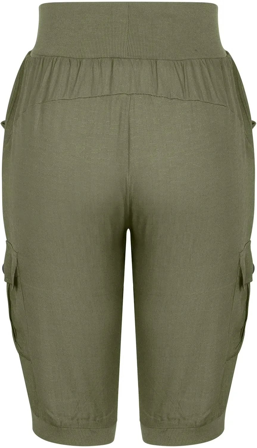 Cotton Linen Capri Pants for Women Drawstring High Waisted Loose Fit Summer Capris Casual Cropped Trouser with Pocket
