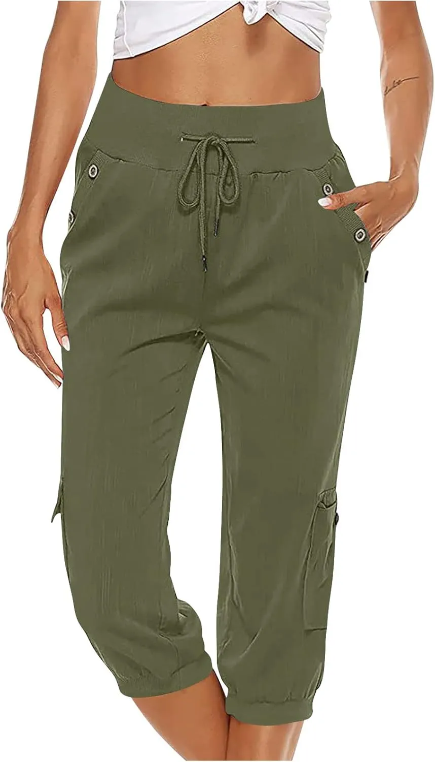 Cotton Linen Capri Pants for Women Drawstring High Waisted Loose Fit Summer Capris Casual Cropped Trouser with Pocket