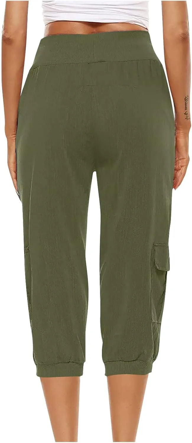Cotton Linen Capri Pants for Women Drawstring High Waisted Loose Fit Summer Capris Casual Cropped Trouser with Pocket