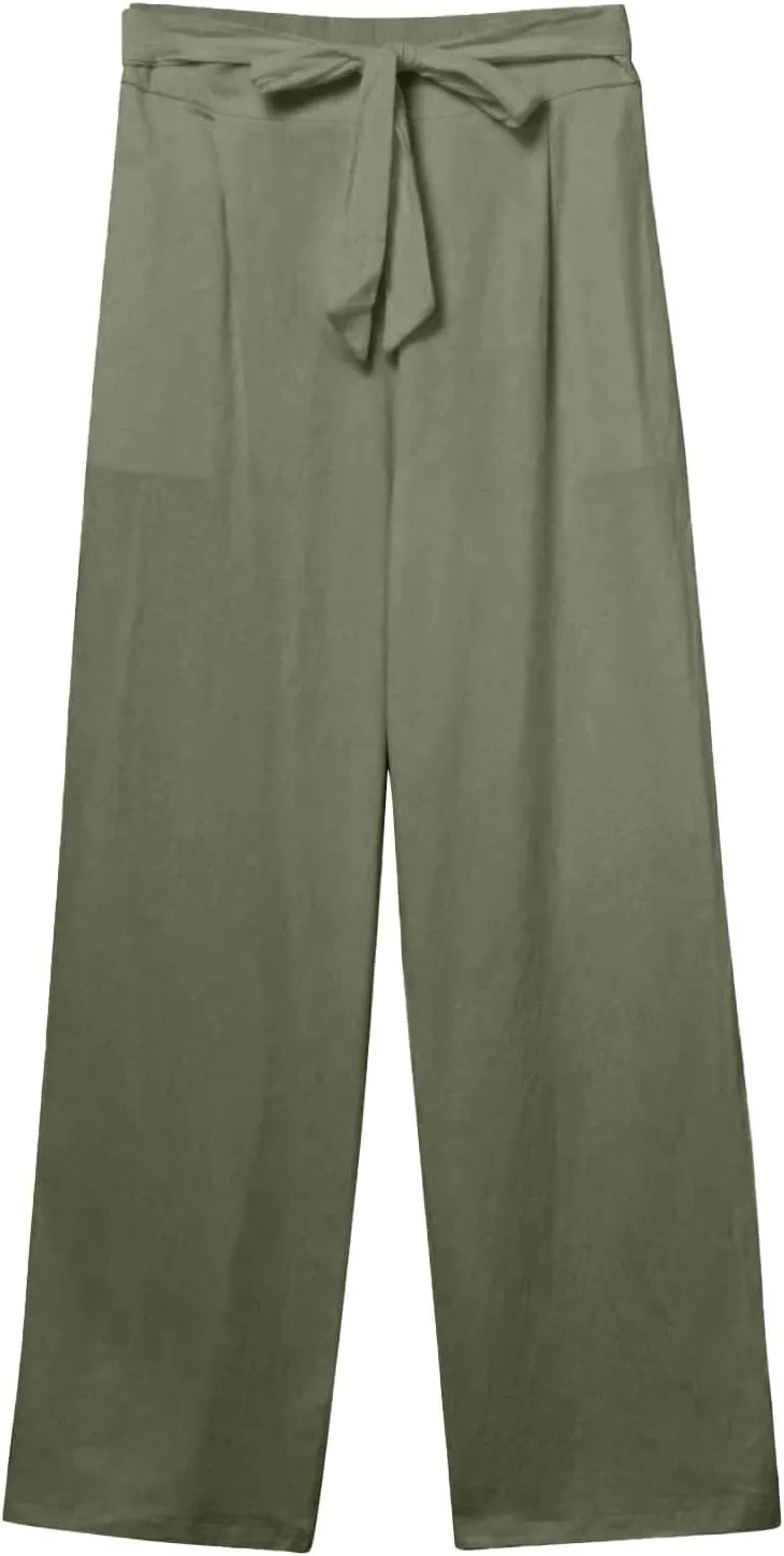 Cotton Linen Pant for Women Loose Fit High Waisted Plus Size Wide Leg Pants Tie Knot Summer Beach Pant with Pockets