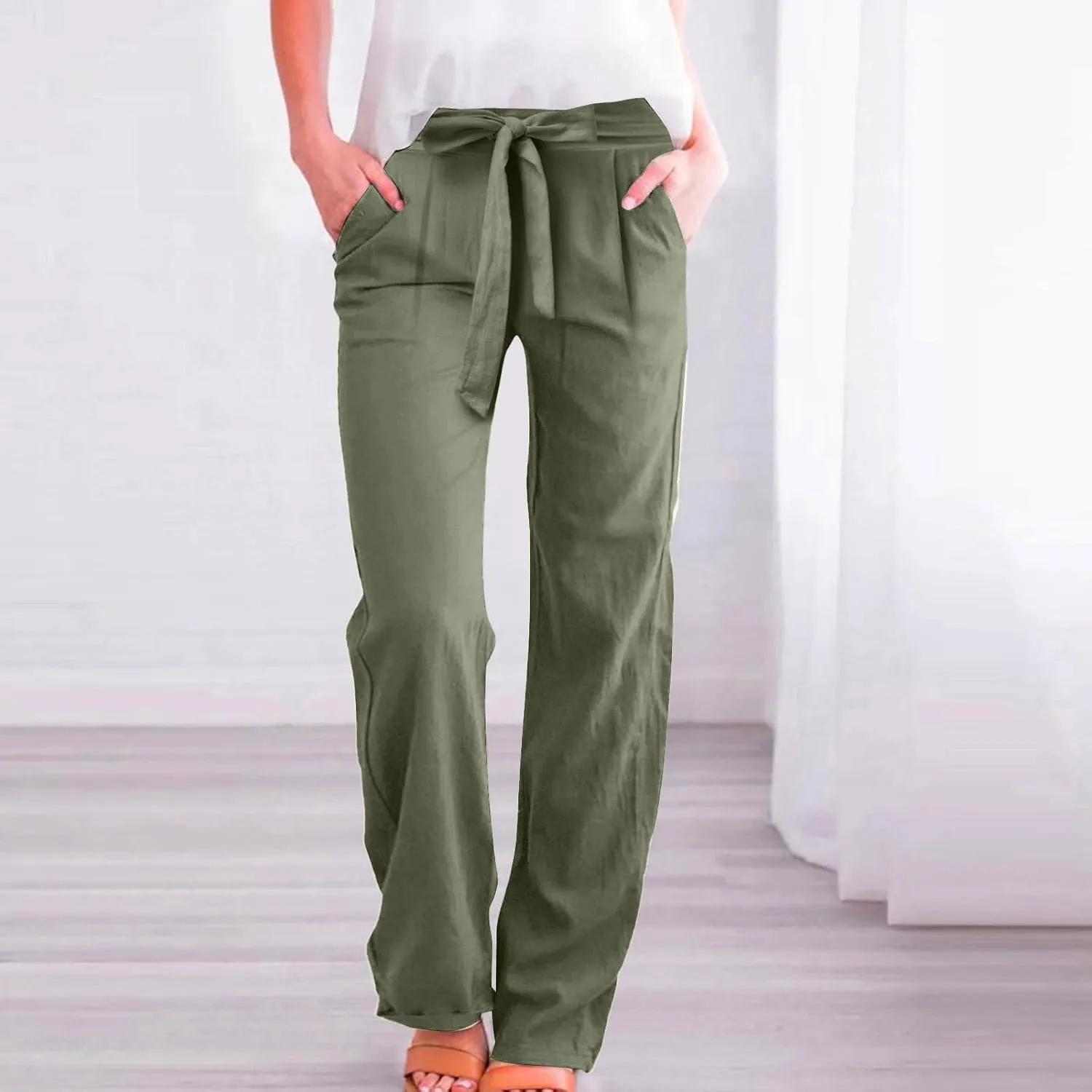 Cotton Linen Pant for Women Loose Fit High Waisted Plus Size Wide Leg Pants Tie Knot Summer Beach Pant with Pockets