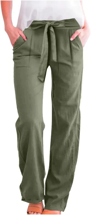 Cotton Linen Pant for Women Loose Fit High Waisted Plus Size Wide Leg Pants Tie Knot Summer Beach Pant with Pockets