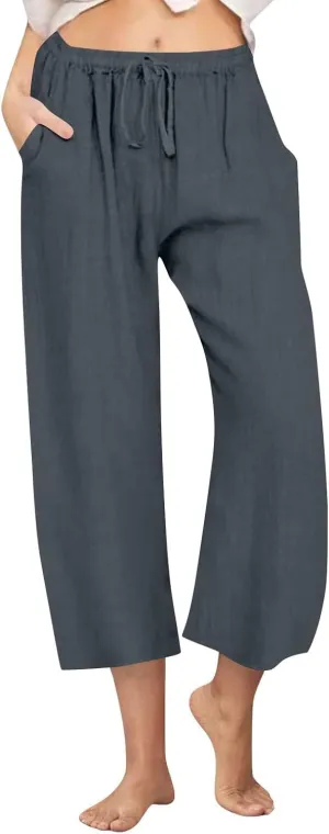 Cotton Linen Pants for Women 2025 Wide Leg Cropped Lounge Trousers Drawstring Elastic Waist Summer Beach Pant Outfits