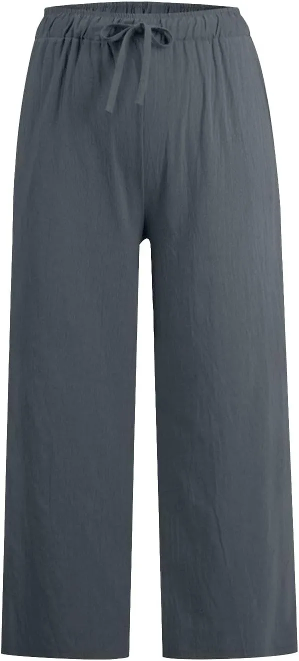 Cotton Linen Pants for Women 2025 Wide Leg Cropped Lounge Trousers Drawstring Elastic Waist Summer Beach Pant Outfits