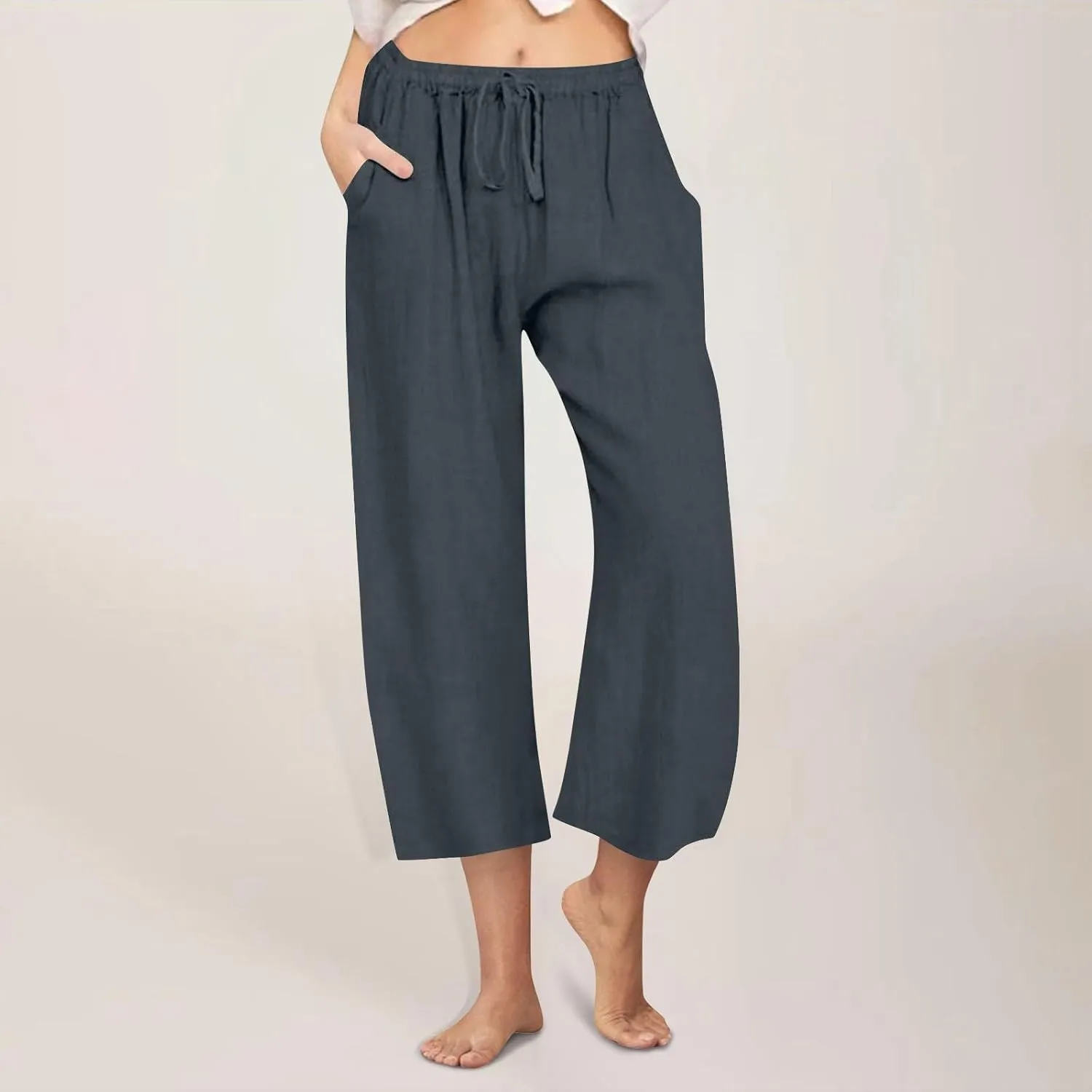Cotton Linen Pants for Women 2025 Wide Leg Cropped Lounge Trousers Drawstring Elastic Waist Summer Beach Pant Outfits