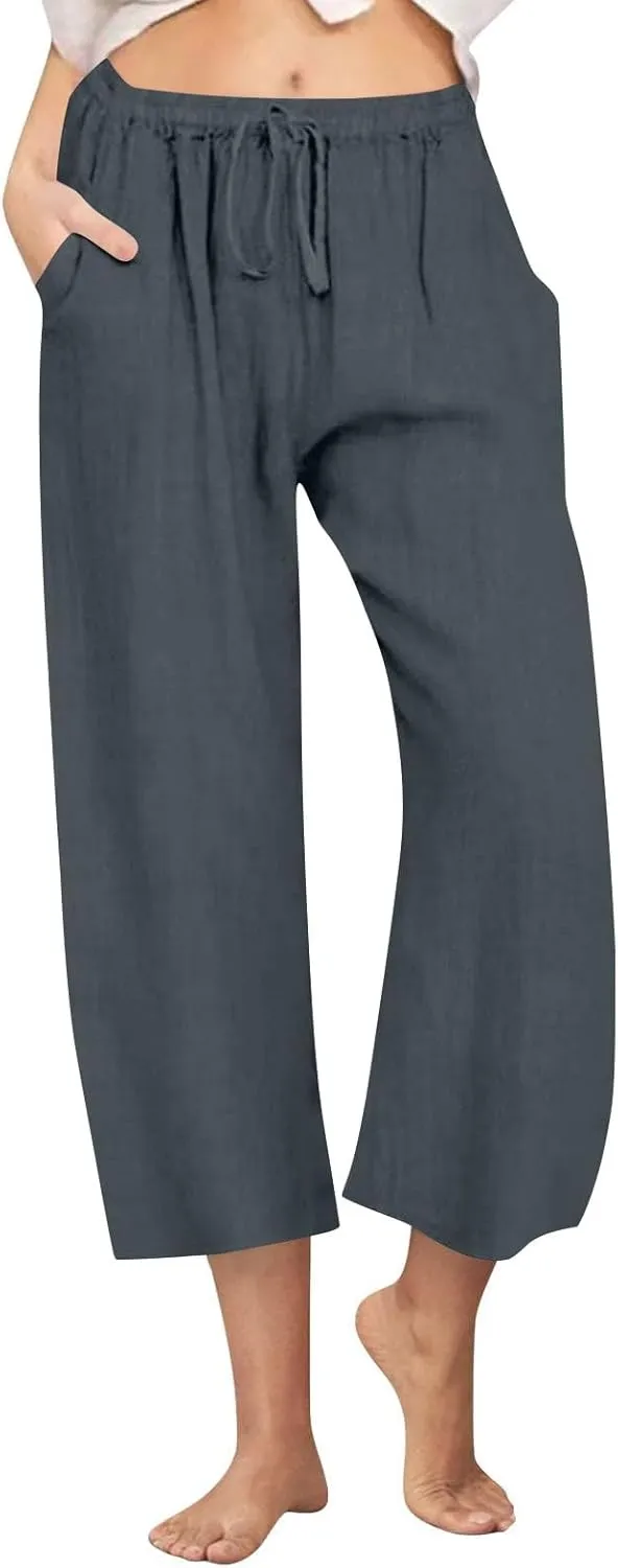 Cotton Linen Pants for Women 2025 Wide Leg Cropped Lounge Trousers Drawstring Elastic Waist Summer Beach Pant Outfits