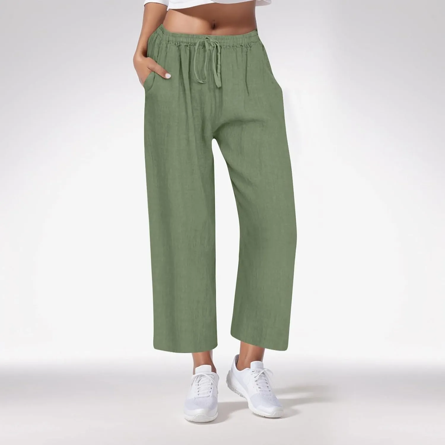 Cotton Linen Pants for Women Drawstring High Elastic Waist Straight Leg Trousers Lightweight Loose Lounge Pants