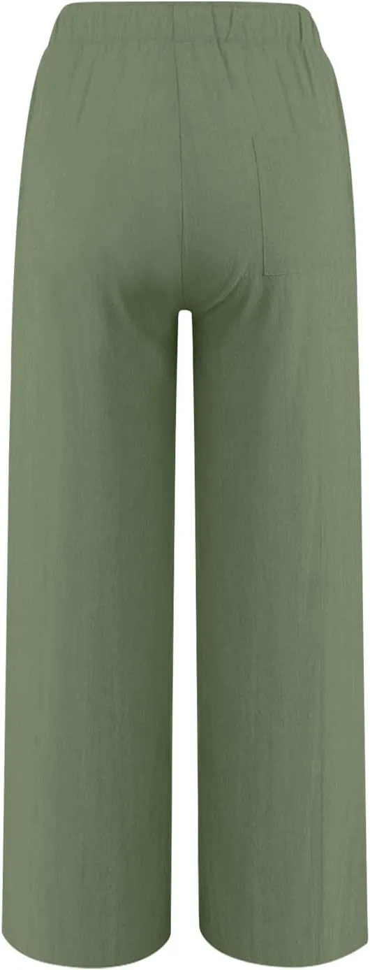Cotton Linen Pants for Women Drawstring High Elastic Waist Straight Leg Trousers Lightweight Loose Lounge Pants