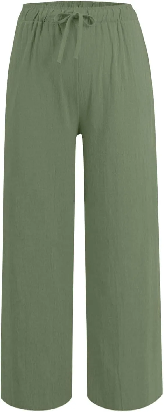 Cotton Linen Pants for Women Drawstring High Elastic Waist Straight Leg Trousers Lightweight Loose Lounge Pants