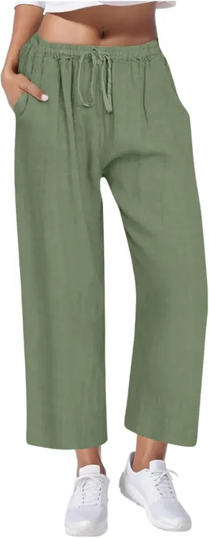Cotton Linen Pants for Women Drawstring High Elastic Waist Straight Leg Trousers Lightweight Loose Lounge Pants