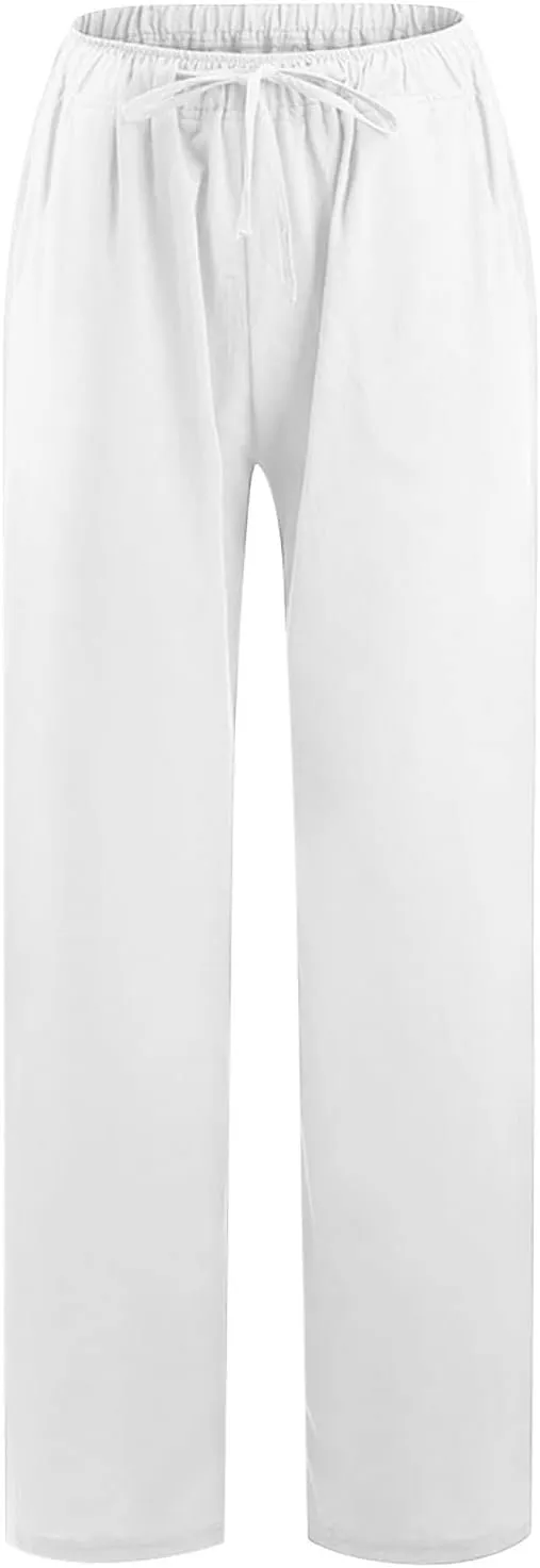 Cotton Linen Pants for Women Lightweight High Waisted Pants Tie Knot Wide Leg Pants Summer Lounge Pants with Pockets