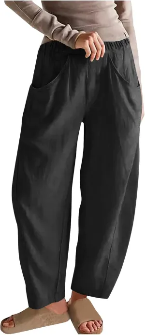 Cotton Linen Pants for Women Wide Leg Lounge Trousers Elastic High Waist Casual Summer Beach Pants Vacation Outfits
