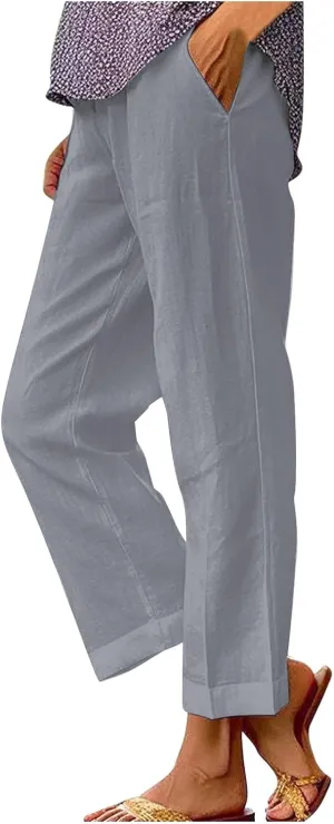 Cotton Linen Pants Women Elastic High Waist Straight Leg Lounge Pant Loose Casual Slacks Summer Trouser with Pockets
