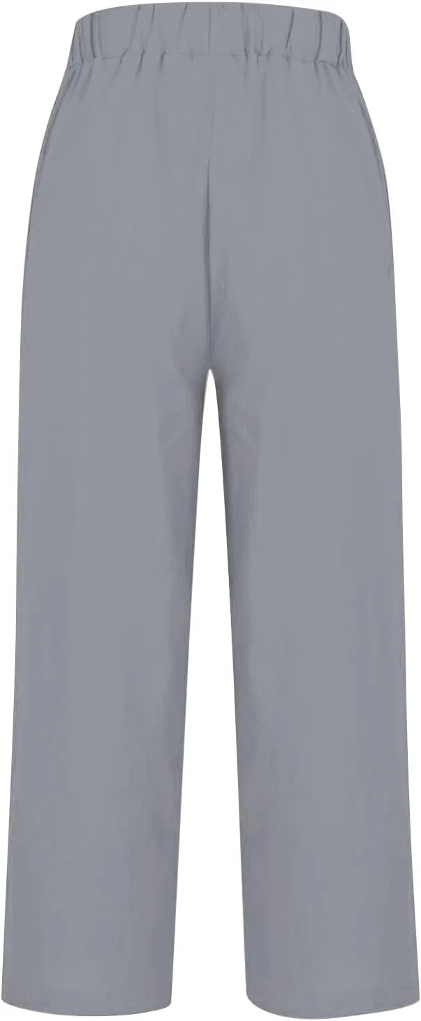 Cotton Linen Pants Women Elastic High Waist Straight Leg Lounge Pant Loose Casual Slacks Summer Trouser with Pockets