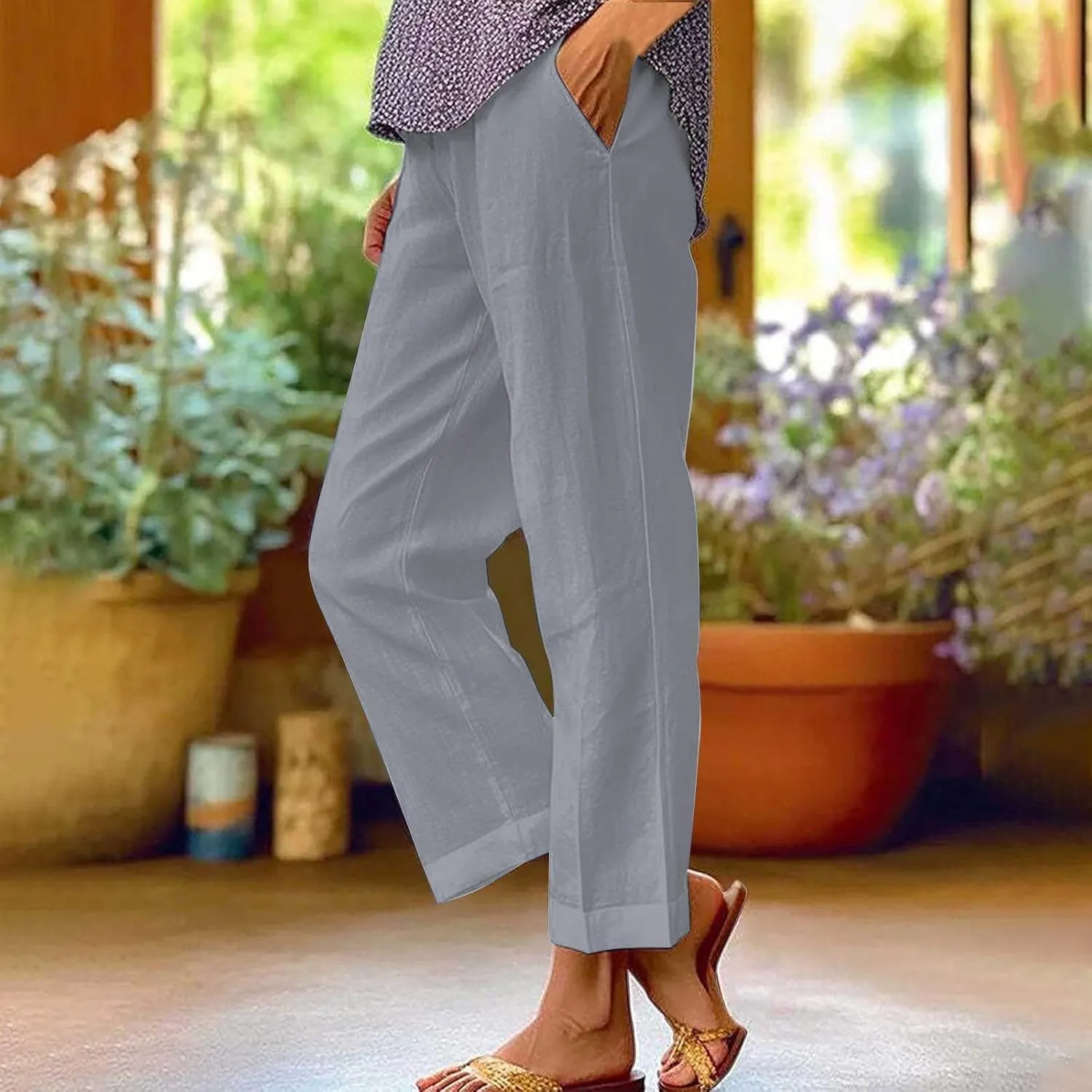 Cotton Linen Pants Women Elastic High Waist Straight Leg Lounge Pant Loose Casual Slacks Summer Trouser with Pockets