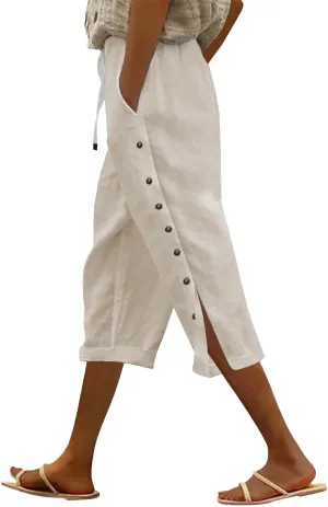Cotton Linen Pants Women Straight Leg Pant Elastic Drawstring Casual Lounge Trousers with Pockets Summer Beach Capris
