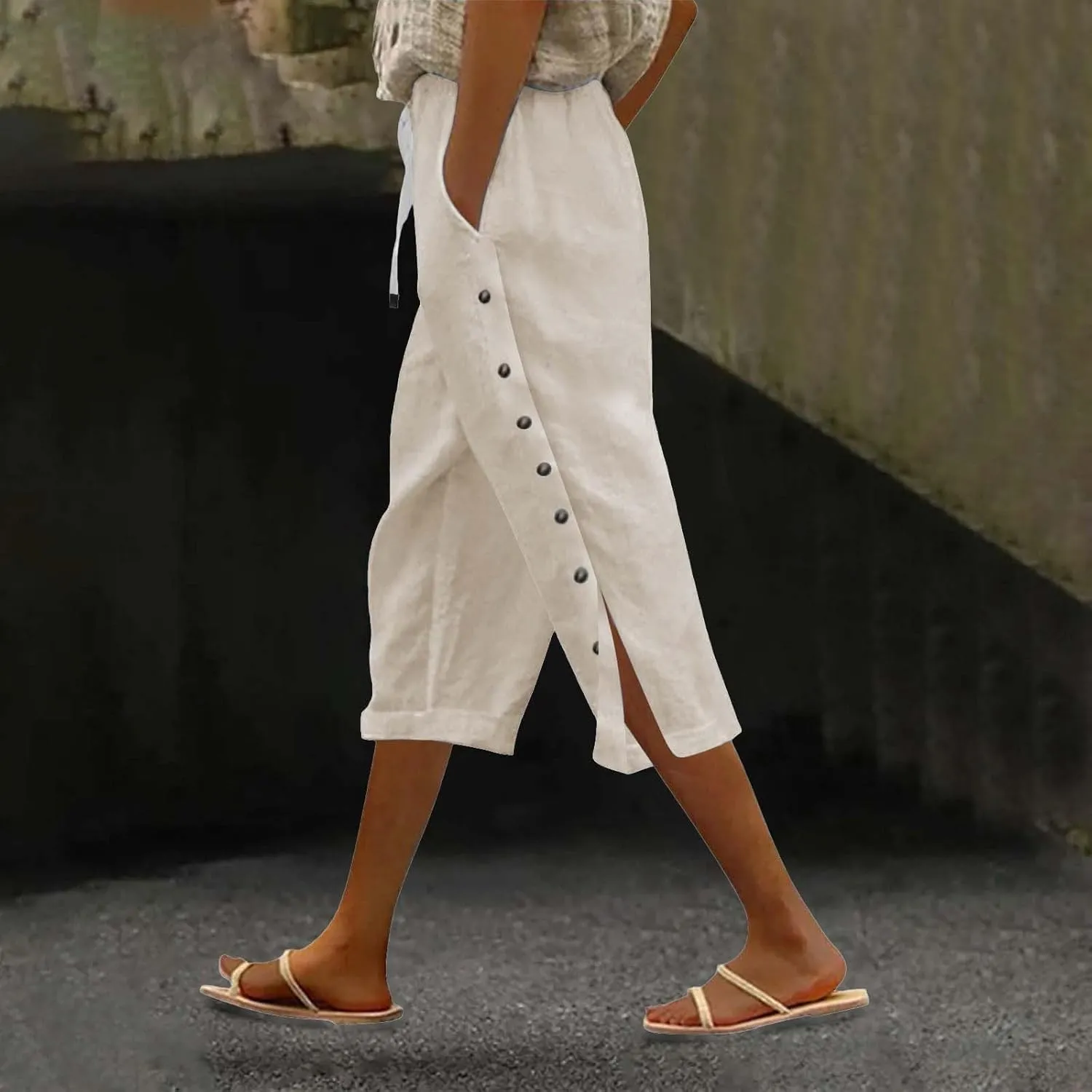 Cotton Linen Pants Women Straight Leg Pant Elastic Drawstring Casual Lounge Trousers with Pockets Summer Beach Capris