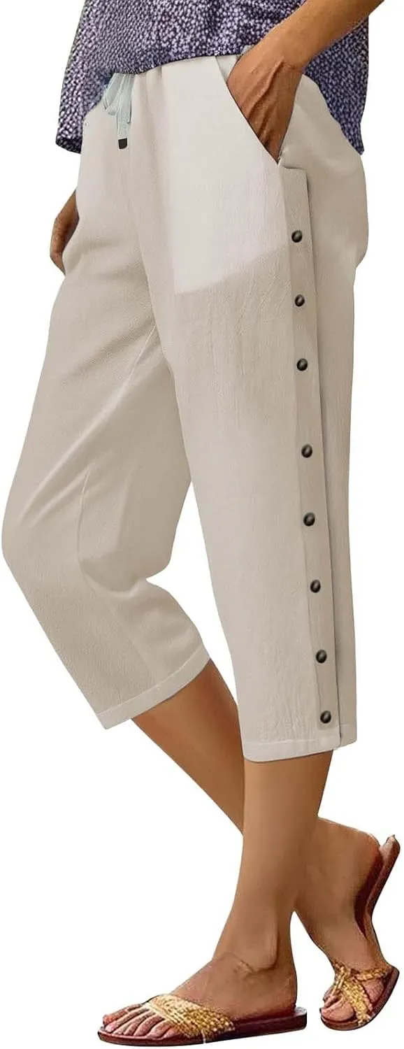 Cotton Linen Pants Women Straight Leg Pant Elastic Drawstring Casual Lounge Trousers with Pockets Summer Beach Capris