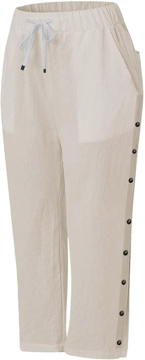 Cotton Linen Pants Women Straight Leg Pant Elastic Drawstring Casual Lounge Trousers with Pockets Summer Beach Capris