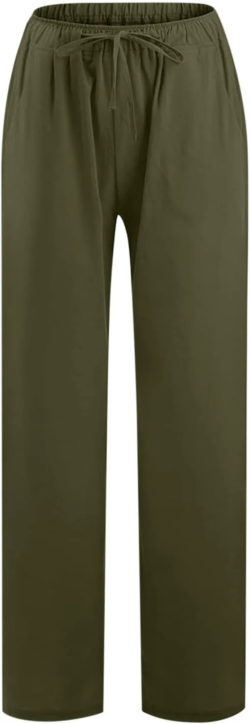 Cotton Linen Summer Pants Women Casual High Waist Drawstring Loose Fit Lightweight Long Palazzo Gauze Trousers