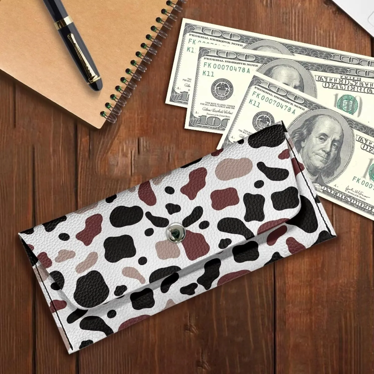 Cow Print Long Clutch Wallets for Ladies Casual Water Resistant Leather Clutch Bags Lightweight Portable Cash Purse Card Bag with Snap Button for Women Travel Shop Work Everyday Use