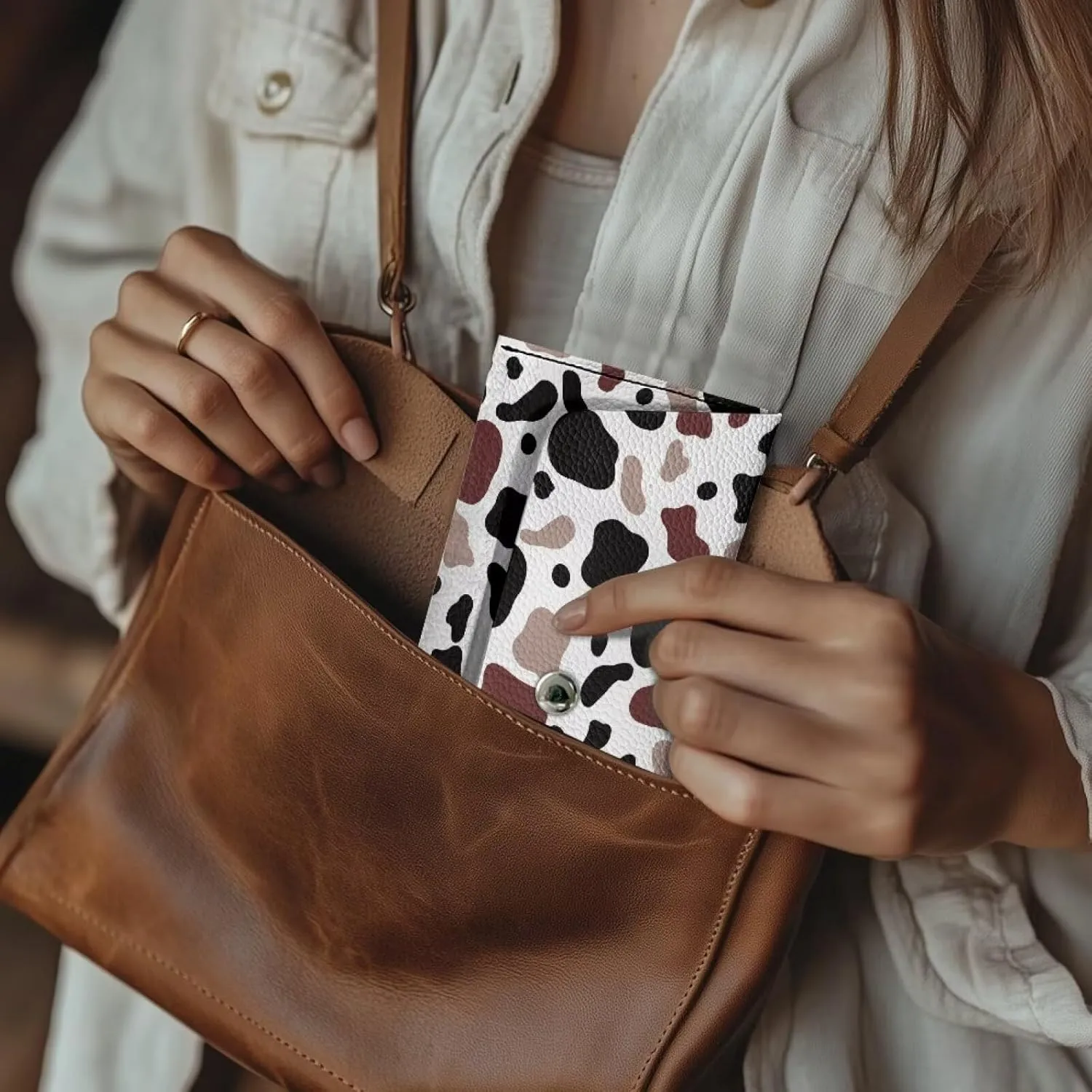 Cow Print Long Clutch Wallets for Ladies Casual Water Resistant Leather Clutch Bags Lightweight Portable Cash Purse Card Bag with Snap Button for Women Travel Shop Work Everyday Use