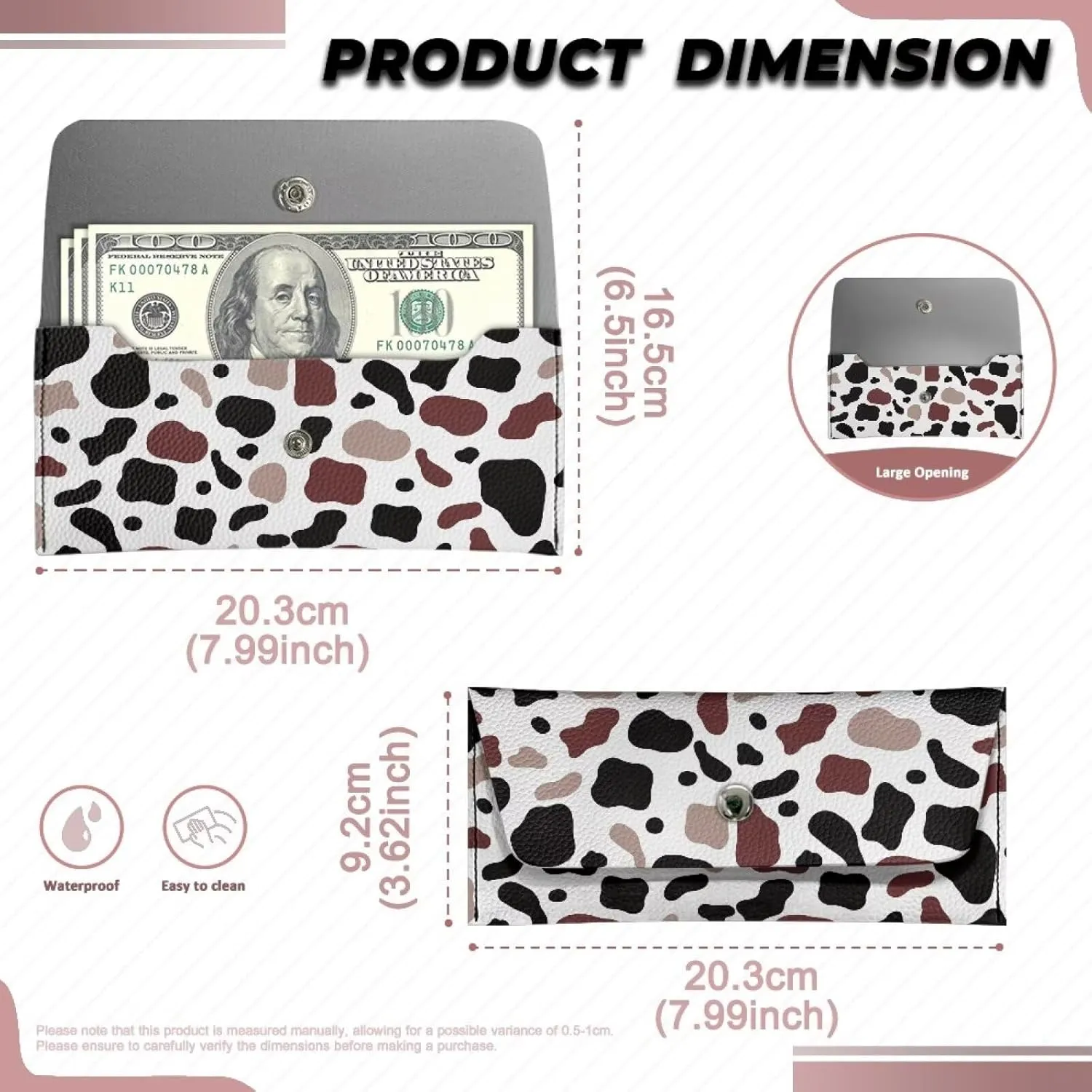 Cow Print Long Clutch Wallets for Ladies Casual Water Resistant Leather Clutch Bags Lightweight Portable Cash Purse Card Bag with Snap Button for Women Travel Shop Work Everyday Use