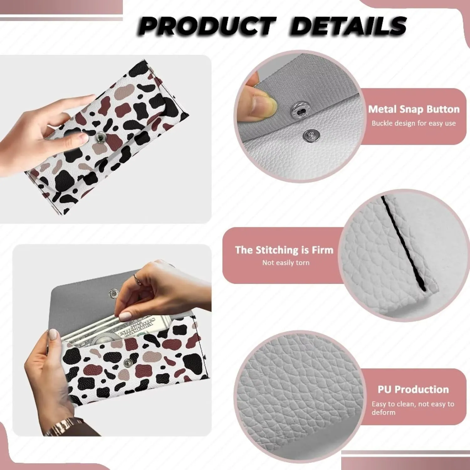 Cow Print Long Clutch Wallets for Ladies Casual Water Resistant Leather Clutch Bags Lightweight Portable Cash Purse Card Bag with Snap Button for Women Travel Shop Work Everyday Use