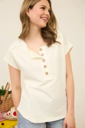 Cream Wood Button Henley Tee