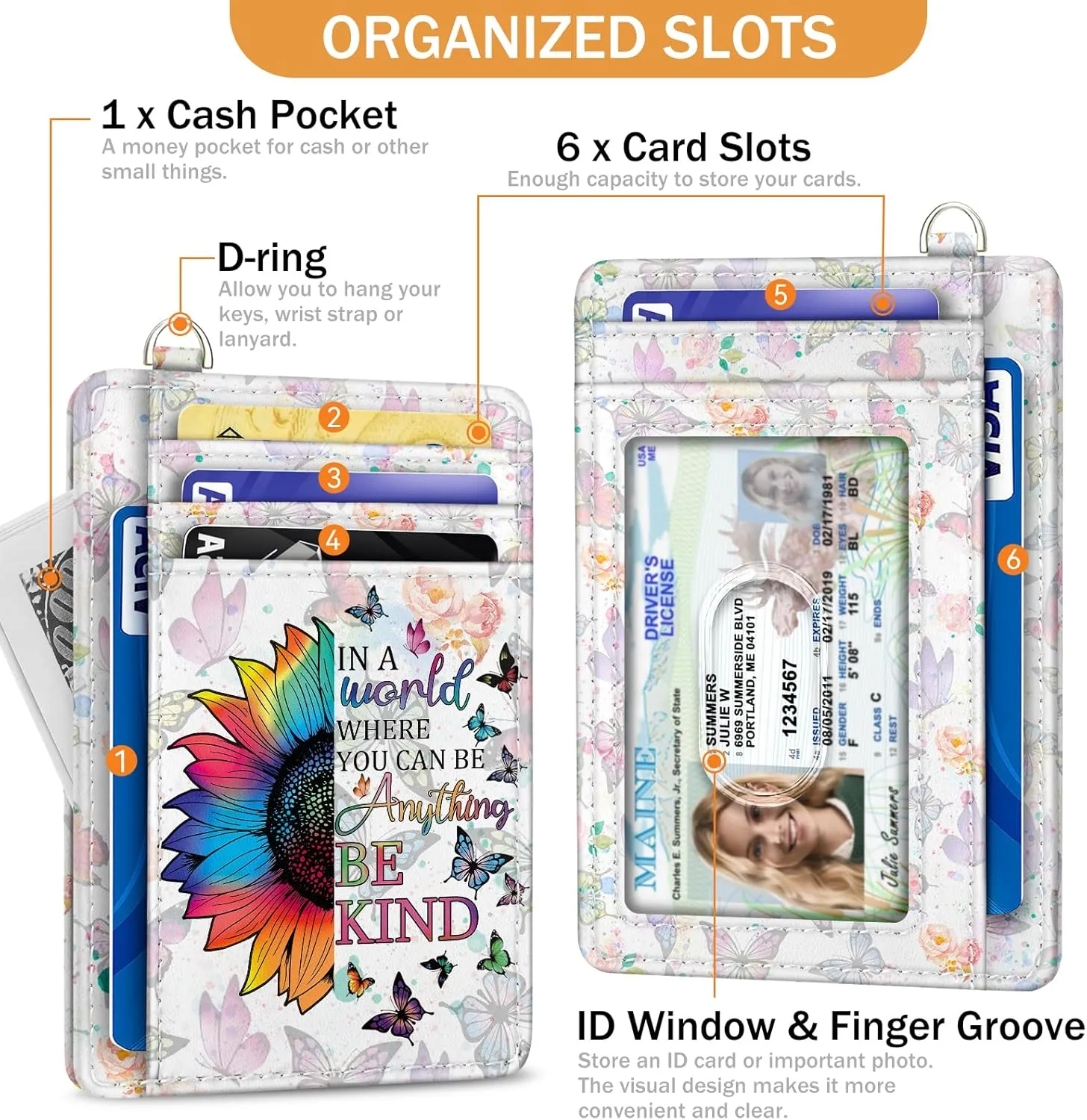 Credit Card Holder Slim Wallet, Be Kind Sunflower RFID Wallet Women Front Pocket Small Card Holder Travel Funny Cute Thin Card Case ID Window PU Leather RFID Blocking Card Organizer Gift