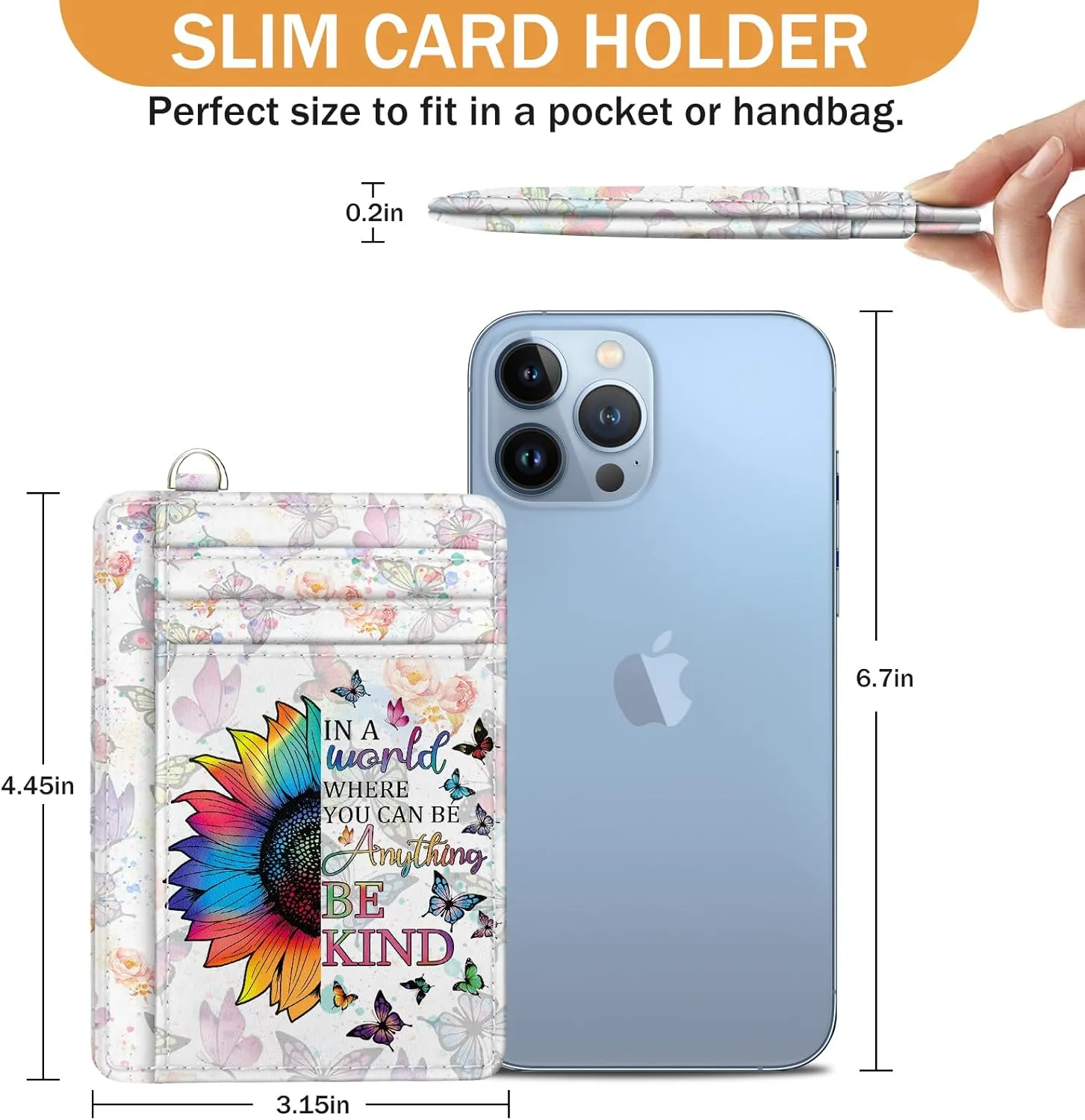 Credit Card Holder Slim Wallet, Be Kind Sunflower RFID Wallet Women Front Pocket Small Card Holder Travel Funny Cute Thin Card Case ID Window PU Leather RFID Blocking Card Organizer Gift