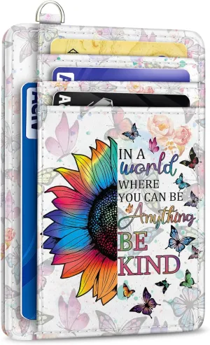 Credit Card Holder Slim Wallet, Be Kind Sunflower RFID Wallet Women Front Pocket Small Card Holder Travel Funny Cute Thin Card Case ID Window PU Leather RFID Blocking Card Organizer Gift