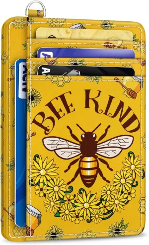 Credit Card Holder Slim Wallet, Bee RFID Wallet Women Front Pocket Small Card Holder, Travel Cute Funny Thin Card Case ID Window PU Leather RFID Blocking Card Organizer Gifts Girls Ladies