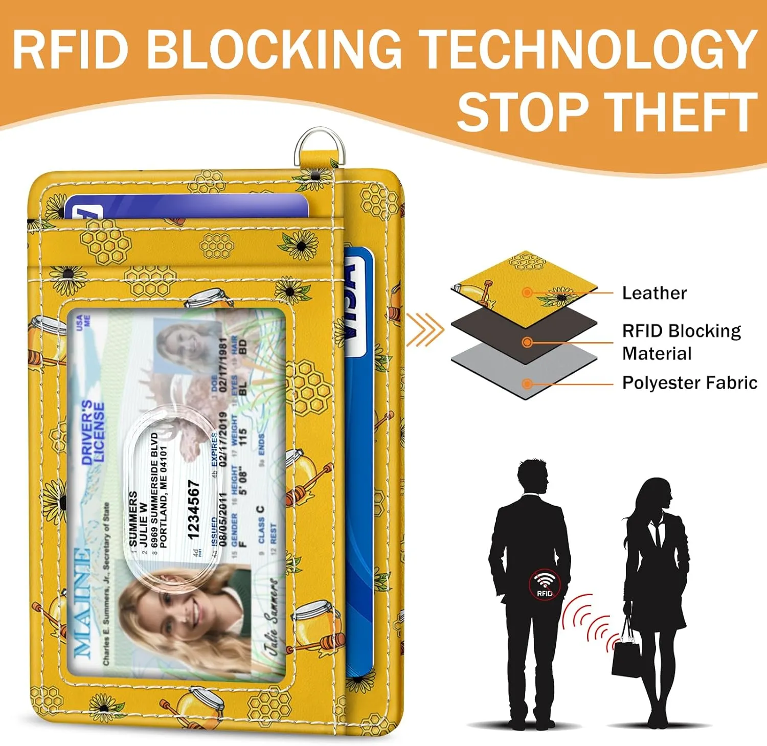 Credit Card Holder Slim Wallet, Bee RFID Wallet Women Front Pocket Small Card Holder, Travel Cute Funny Thin Card Case ID Window PU Leather RFID Blocking Card Organizer Gifts Girls Ladies