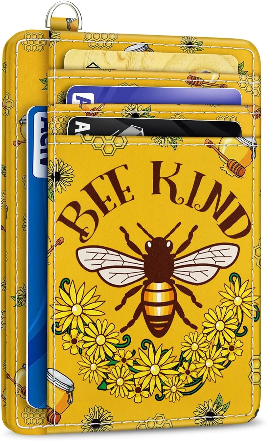 Credit Card Holder Slim Wallet, Bee RFID Wallet Women Front Pocket Small Card Holder, Travel Cute Funny Thin Card Case ID Window PU Leather RFID Blocking Card Organizer Gifts Girls Ladies