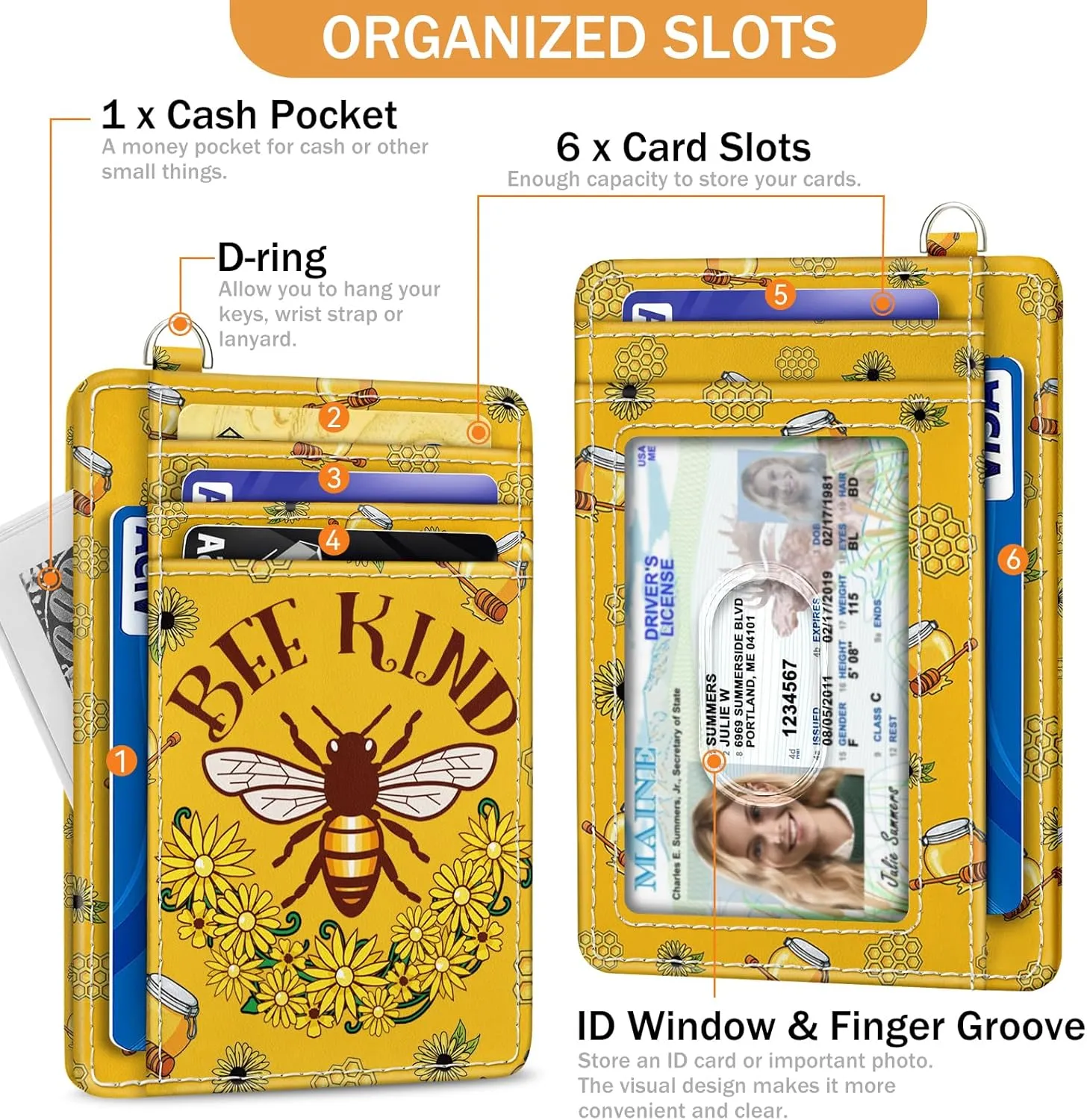 Credit Card Holder Slim Wallet, Bee RFID Wallet Women Front Pocket Small Card Holder, Travel Cute Funny Thin Card Case ID Window PU Leather RFID Blocking Card Organizer Gifts Girls Ladies
