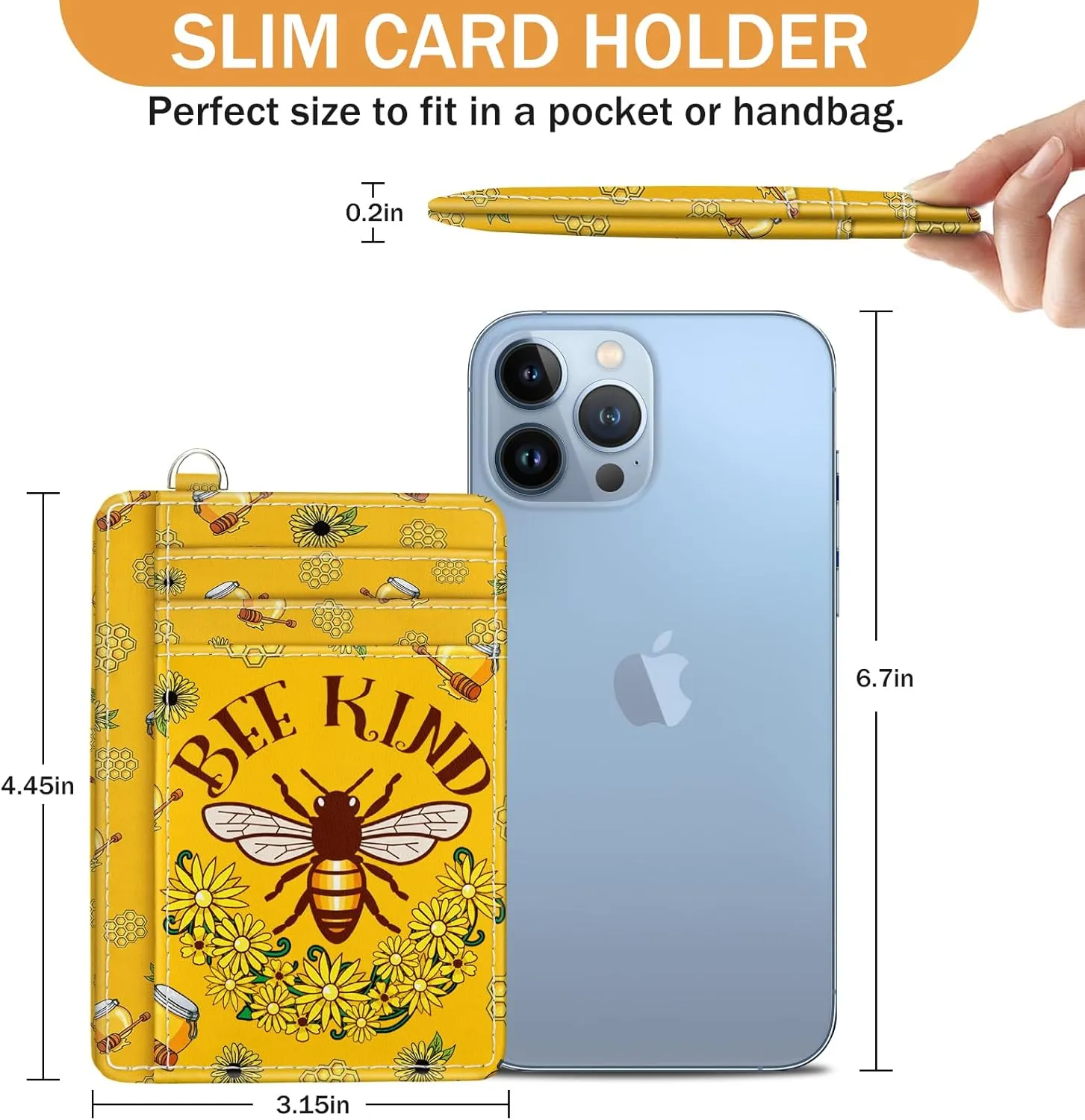 Credit Card Holder Slim Wallet, Bee RFID Wallet Women Front Pocket Small Card Holder, Travel Cute Funny Thin Card Case ID Window PU Leather RFID Blocking Card Organizer Gifts Girls Ladies