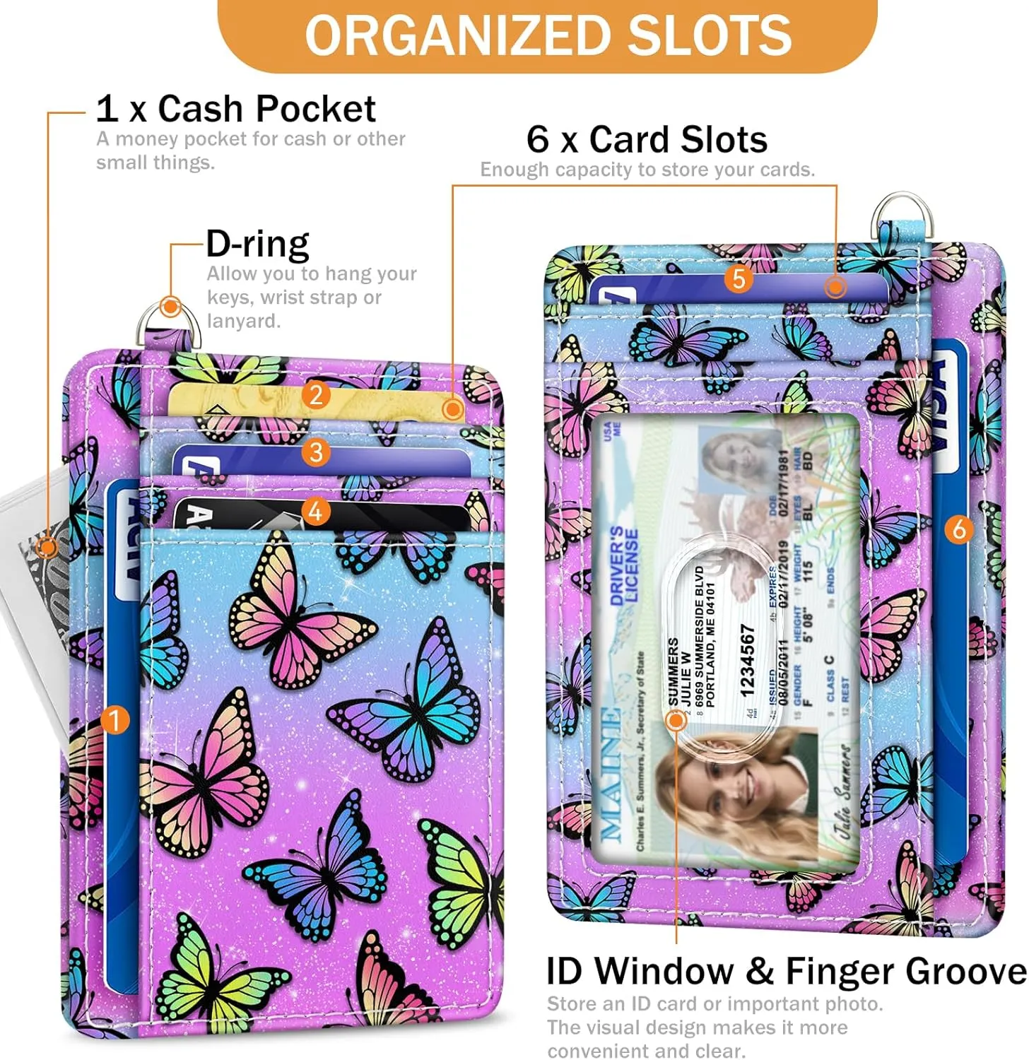 Credit Card Holder Slim Wallet, Butterfly RFID Wallet Women Front Pocket Small Card Holder, Travel Cute Funny Thin Card Case ID Window PU Leather RFID Blocking Card Organizer Gifts Girls