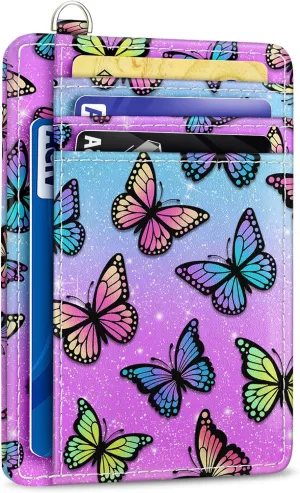 Credit Card Holder Slim Wallet, Butterfly RFID Wallet Women Front Pocket Small Card Holder, Travel Cute Funny Thin Card Case ID Window PU Leather RFID Blocking Card Organizer Gifts Girls