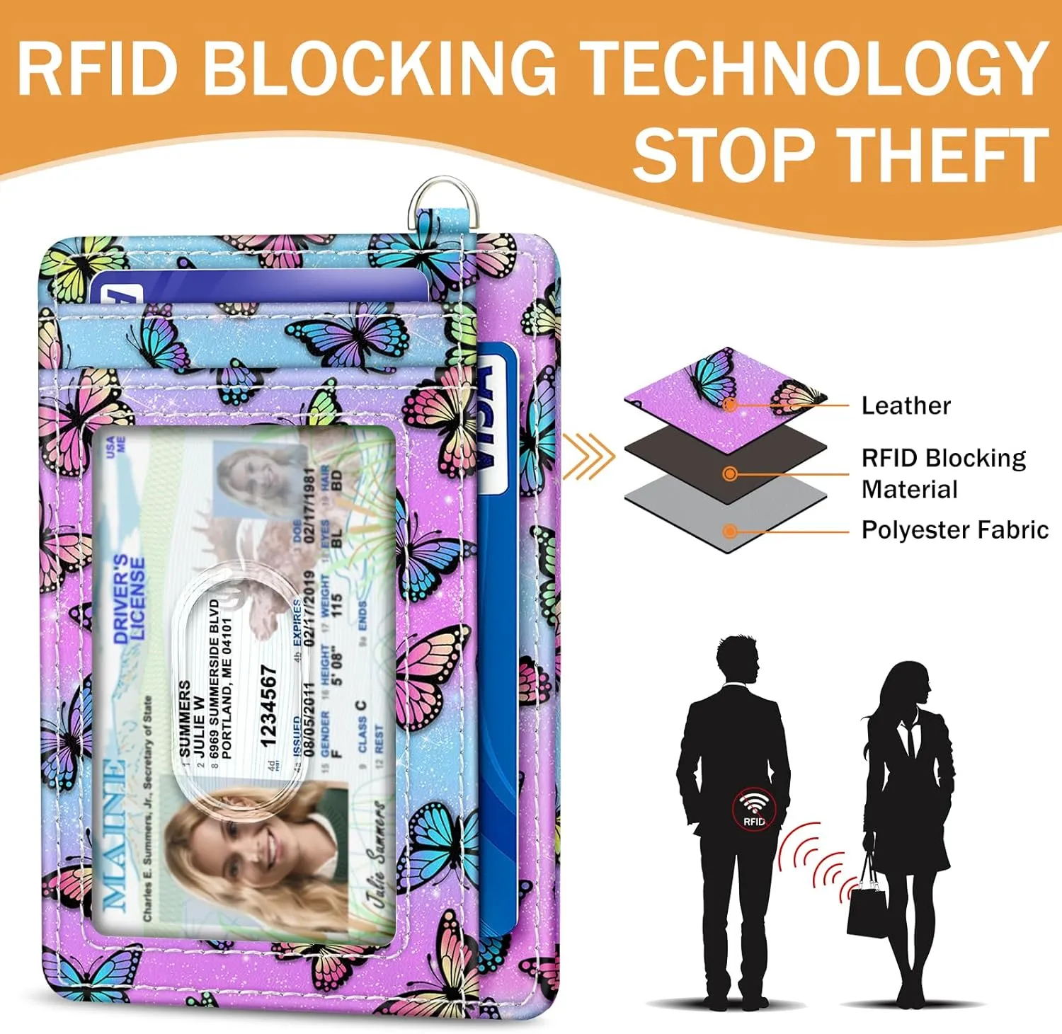 Credit Card Holder Slim Wallet, Butterfly RFID Wallet Women Front Pocket Small Card Holder, Travel Cute Funny Thin Card Case ID Window PU Leather RFID Blocking Card Organizer Gifts Girls