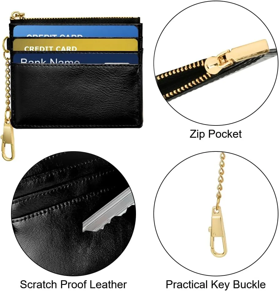 Credit Card Holder Wallet, Minimalist Leather Slim Change Wallet Zipper Coin Purse, Mini Credit Card Protector, Keychain Front Pocket Wallets for Women Men